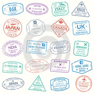 Passport stamp set. Visa stamps for travel. International airport grunge sign. Immigration, arrival and departure symbols